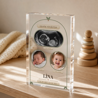 Kişiye Özel Bebek Anı Bloğu – Ultrason ve Fotoğraflı Şeffaf Pleksi
