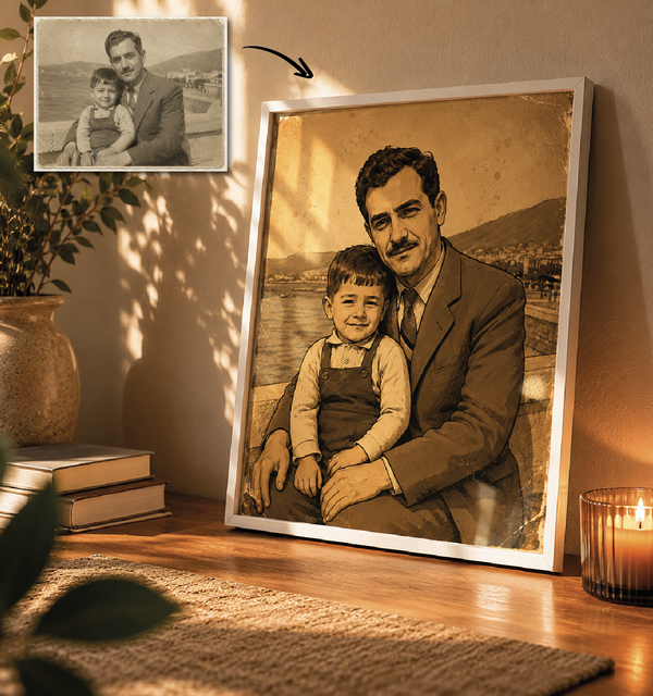 🖤 Babam ve Ben – Kişiye Özel Nostaljik Karikatür Tablo